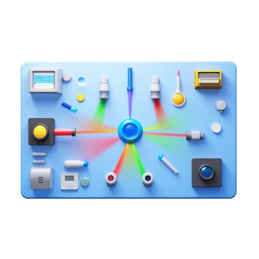 A lab table viewed from the top, featuring an array of scientific instruments arranged for a Raman effect experiment. Several laser sources are positioned strategically, each emitting distinct colored beams. There are optical fibers connected to the lasers, directing the light toward a sample holder at the center of the table. Various lenses and mirrors are arranged around the sample to manipulate the laser light. A spectrometer is placed on one side, with its display screen illuminated, showing spectral data. Additional equipment like a power supply and measurement devices are also present, completing the experimental setup.