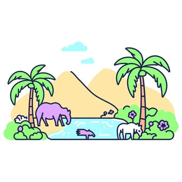A lush oasis is situated in the center of a barren desert. Palm trees with fronds are surrounding a clear pool of water. The ground is dotted with green shrubs and vibrant flowers near the water's edge. In the background, the dry, sandy dunes rise, contrasting with the greenery of the oasis. A clear sky is above, with a few wispy clouds. In the foreground, small animals are drinking from the pool, adding life to the scene.