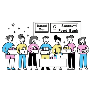 A large group of diverse individuals stands in front of a food bank, united in their mission. Each person represents a different community organization, wearing distinctive uniforms or logoed apparel. Some individuals are carrying boxes filled with non-perishable food items, while others are organizing the donation table. Nearby, there is a large sign that reads "Support Our Food Bank" in bold letters. The scene conveys a sense of teamwork and community spirit, with people smiling and engaging in conversation as they work together.