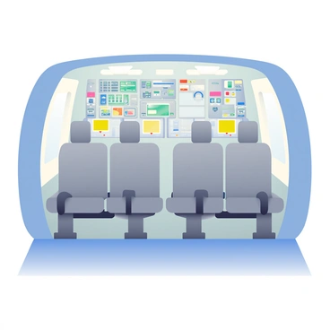 The interior of an NH90 helicopter features a sleek and modern design. In the foreground, there are several gray seats arranged in a row, designed for passenger safety and comfort. Above and around the seats, there are various control panels with numerous buttons, switches, and screens, showcasing a high-tech environment. The walls of the helicopter cabin are painted in a muted tone, complementing the color scheme of the seats and panels. Bright overhead lights illuminate the space, creating a functional and efficient atmosphere.