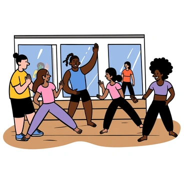A diverse group of people in a dance studio practicing a dance routine together. There are two light-skinned individuals, one male with short black hair and a female with long brown hair, both wearing comfortable workout clothes. A dark-skinned male with braided hair is demonstrating the moves in front of the group, wearing a bright blue tank top and black shorts. An Asian female with shoulder-length hair is following along, wearing a pink t-shirt and leggings. Another dark-skinned female with curly hair is enthusiastically participating, wearing a purple crop top and black joggers. The studio has large mirrors on the walls, and wooden dance floors, creating an energetic and focused atmosphere.