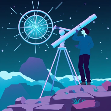 An astronomer with medium skin and glasses stands beside a large, advanced telescope mounted on a sturdy tripod. The telescope is pointed at a bright pulsar in the night sky, which emits beams of light visible from a distance. The astronomer wears a dark jacket and gloves, with a focus on the telescope’s controls and dials. The mountain top is rocky, with scattered boulders and sparse vegetation surrounding the telescope. The night sky is filled with numerous stars, and the pulsar's light creates striking patterns against the dark backdrop. A slight breeze causes the astronomer’s hair to flutter as they observe the pulsar, immersed in the scientific moment.