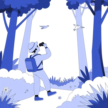 A birdwatcher is standing on a path in a lush forest. The person is holding binoculars up to their eyes, intently observing a bird perched on a nearby branch. The birdwatcher is wearing a wide-brimmed hat and a backpack slung over one shoulder. Surrounding them are tall trees with dense foliage, and various plants and flowers are visible on the forest floor. Sunlight filters through the leaves above, creating dappled shadows on the ground. In the background, other birds can be seen flying between branches.