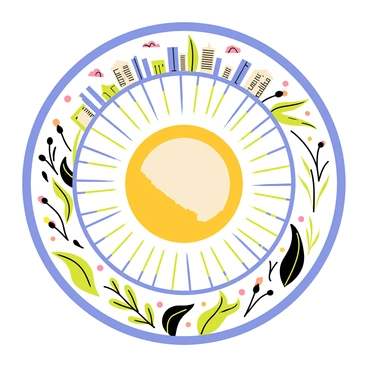 A circular mandala design featuring intricate patterns that blend elements of a city skyline with natural motifs. The outer edges of the mandala include stylized buildings with varied shapes and sizes, representing urban life. In between the buildings, there are flowing lines that resemble waves and plant leaves, symbolizing nature. The center of the mandala features a circular sun that radiates lines outward, merging seamlessly with the skyline above. Additional details such as small birds and clouds are scattered throughout, enhancing the harmony between the city and nature.