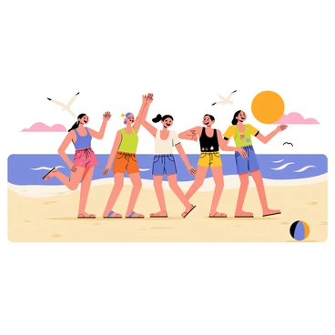 A group of five people dancing joyfully on a sandy beach. The sun is setting in the background, casting a warm orange and pink glow over the scene. The individuals are wearing colorful summer attire, with flowing dresses and shorts. They are laughing and moving energetically, with one person lifting their arms high. The waves gently lap at the shore, and seagulls can be seen flying in the distance. A beach ball lies nearby, adding to the playful atmosphere.