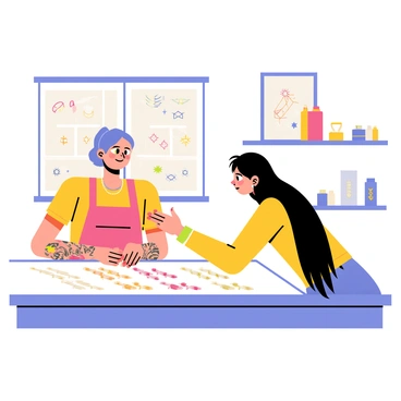 A friendly consultation between a customer and a piercing artist discussing options.