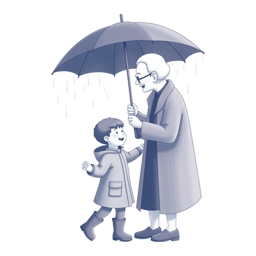 A young child sharing an umbrella with an elderly person in the rain