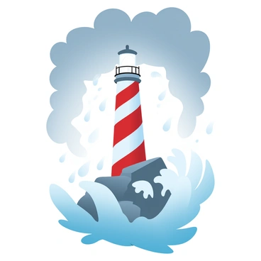 A tall lighthouse stands prominently on a rocky cliff, surrounded by crashing waves. The lighthouse has a red and white striped exterior, with a bright light at the top illuminating the dark, stormy sky. Thick, dark clouds swirl above, and rain falls heavily, creating splashes against the rocks below. Waves rise dramatically, foaming at the crests as they pound against the base of the lighthouse. A sense of strength and resilience emanates from the lighthouse as it withstands the force of the storm surrounding it.