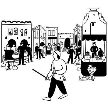 A lone hero dressed in a flowing cloak walks through a bustling medieval marketplace filled with various stalls. There are merchants displaying colorful fabrics, pots, and handmade goods, while customers barter and engage in lively conversations. The hero carries a sword sheathed at their side, and a satchel is slung across their shoulder. In the background, there are wooden carts laden with fresh produce and local artisans demonstrating their crafts. Banners hang from the stalls, fluttering gently, and a crowd of villagers moves around, creating a scene of vibrant activity.