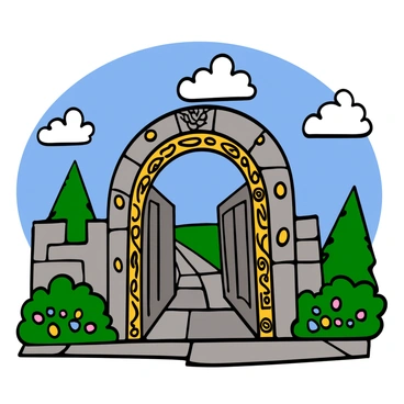 The grand entrance of a magical academy features large, ancient stone gates adorned with intricate mystical symbols. The gates are slightly ajar, revealing a glimpse of a cobblestone path leading inside. Lush greenery and vibrant flowers frame the entrance, adding color to the scene. Above the gates, an ornate archway is carved with various magical runes that glow faintly. The sky is a bright blue, and fluffy white clouds drift lazily above, enhancing the enchanting atmosphere of the academy's entrance.