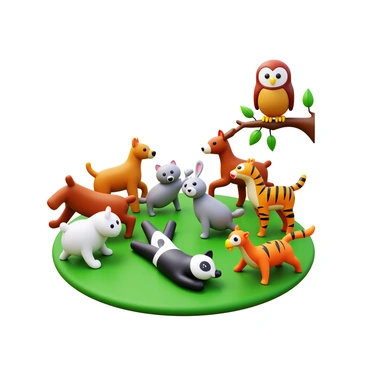 A group of "8 animals" gathered together in a playful scene. "7 animals" are actively playing, engaging in various fun activities like chasing each other or rolling on the grass. Each of these animals is unique, including a "brown dog," a "white cat," a "gray rabbit," a "black and white panda," a "spotted deer," a "colorful parrot," and a "striped tiger." The remaining "1 animal," a "wise owl," watches from a nearby tree branch, observing the playful antics below. The setting is lively and filled with vibrant greenery, underscoring the joyful atmosphere of the gathering.