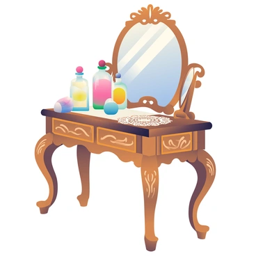 An ornate antique vanity table with intricate carvings and a polished wooden surface is positioned in the center of the image. On top of the table, several vintage perfume bottles of varying shapes and sizes are displayed, each filled with colorful liquids that catch the light. A delicate lace doily is placed beneath the bottles, showcasing its intricate patterns. The background features soft, muted colors to enhance the focus on the vanity and its decorative items. A small round mirror with an ornate frame is leaning against the wall behind the table, reflecting a hint of the surrounding room.