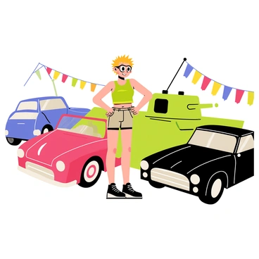 A tank girl with short, spiky hair wearing a green tank top and khaki shorts stands confidently beside a military tank. She has a playful expression and a pair of goggles resting on her forehead. Surrounding her are several classic vintage cars, including a shiny red convertible, a blue muscle car, and a sleek black coupe. The car show is set on a sunny day, with vibrant banners and colorful flags fluttering in the background. The scene captures a sense of nostalgia and excitement, showcasing the tank girl's adventurous spirit amid the collection of timeless automobiles.