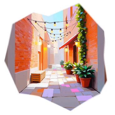 An urban alleyway with brick walls and hanging string lights