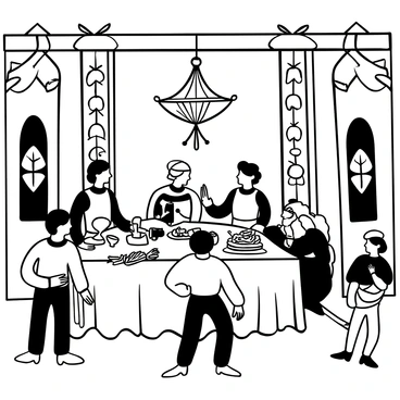 A grand banquet table set in a majestic hall, adorned with elaborate decorations and tapestries hanging from the walls. Knights in shining armor are seated at the table, with ornate shields displayed beside them. Nobles dressed in elegant attire are engaged in conversation, while a jester wearing a colorful outfit performs nearby, juggling small items. A large chandelier hangs from the ceiling, illuminating the scene, while platters of food and goblets are placed on the table, showcasing a lavish feast. "Welcome to the feast" is inscribed in decorative lettering above the banquet.