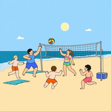A family of four is playing beach volleyball on a sandy beach. The sun is shining brightly in the clear blue sky. The father, a man with dark hair and a blue tank top, is leaping into the air to spike the beach ball. The mother, a woman with light brown hair tied in a ponytail, is laughing while standing ready to receive the ball, wearing a colorful swimsuit. Two children, a boy and a girl, are nearby; the boy, with short curly hair, is wearing orange swim trunks and is running toward the net, while the girl, with straight hair and a pink swimsuit, is clapping her hands in excitement. The beach ball is a vibrant multicolored design, soaring high above the family. In the background, there are beach towels and a cooler resting on the sand, with gentle waves lapping at the shore.