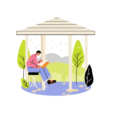 An artist is sitting inside a sheltered gazebo, sketching a rainy landscape. The gazebo has a wooden frame with a sloping roof, and the rain is visibly falling around it, creating droplets on the roof. The artist holds a sketchbook, concentrating on the scene before them. Outside the gazebo, there are trees with wet leaves glistening in the rain, and puddles forming on the ground. The sky is overcast with gray clouds, and faint outlines of distant hills can be seen in the background.