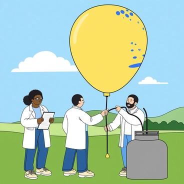 A group of three scientists stands in an open field, preparing to launch a large, colorful gas balloon for a weather experiment. One scientist, a woman with glasses and curly hair, is holding a clipboard and checking off items on a list. Next to her, a man with short black hair is holding one end of the balloon, which is bright yellow with blue patterns. The third scientist, a man with a beard, is filling the balloon with gas from a large tank. The sky above is clear and blue, with a few fluffy white clouds. In the background, there are rolling green hills and a distant tree line. The scientists are dressed in casual lab attire, wearing lab coats over their shirts and jeans.
