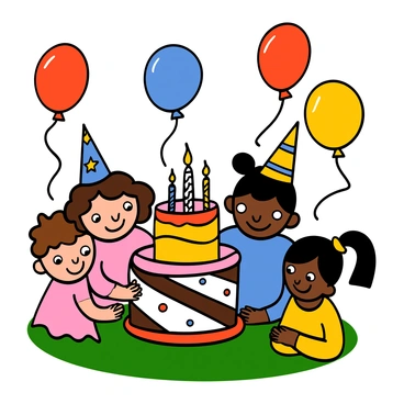 A vibrant scene of a child's birthday party taking place in a backyard. In the center, there is a large, colorful cake decorated with frosting and candles. Surrounding the cake are several bright balloons floating in the air, in various colors like red, blue, yellow, and green. A group of children with big eyes is gathered around the cake, wearing festive party hats decorated with stars and stripes. The children include a light-skinned girl with curly hair in a pink dress, a dark-skinned boy in a blue t-shirt, and a girl with pigtails wearing a yellow shirt. They are all smiling widely, filled with excitement and anticipation for the celebration.