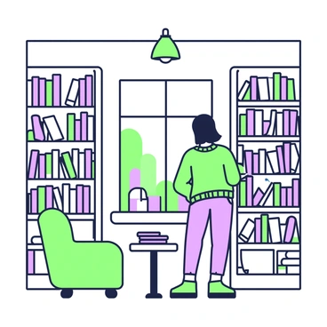 A cozy bookstore interior is filled with wooden shelves lined with books of various sizes. A person is browsing the shelves, standing with their back to the viewer. They are wearing a comfortable sweater and jeans. The shelves are filled with books that have spines in different designs. In the foreground, there is a small reading nook with a green armchair and a round table stacked with a few open books. Soft lighting illuminates the space, creating a warm atmosphere. A window with a view to the outside is visible in the background, allowing natural light to filter in.