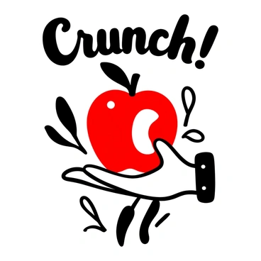 A hand reaching towards a bright red apple, positioned in the center of the image. The apple has a large bite taken out of it, showcasing its crisp white interior. The word "Crunch!" is prominently displayed above the apple, with stylized lettering. The background features a subtle pattern of apple tree leaves and branches, enhancing the theme of fruit.