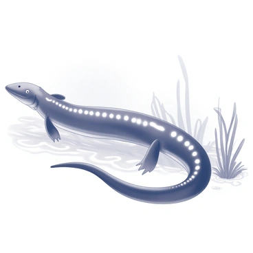 A detailed illustration of an electric eel with its elongated body prominently displayed. The eel is shown swimming in a freshwater environment, with its dorsal fin gently visible along its back. The focus is on the electric organs, highlighted along the length of its body. These electric organs appear as distinct structures, with cross-sections revealing their complex arrangements. The surrounding water includes subtle waves and a few aquatic plants to provide context.