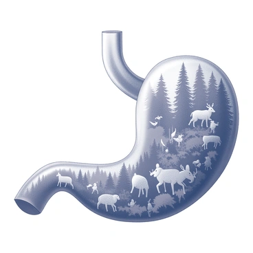 A large, transparent stomach is depicted, revealing the interior filled with a dense forest. The forest is lush with tall trees, thick underbrush, and a variety of plants sprouting from the ground. Wildlife is abundant, including a variety of animals such as deer, rabbits, and birds. The animals are interacting with their surroundings, some foraging for food, while others are perched on branches or moving through the foliage. The overall composition highlights the contrast between the organic forest and the transparent, smooth surface of the stomach walls.