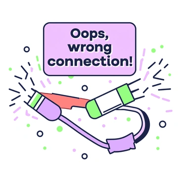 Two wires are crossed, generating sparks where they intersect. One wire is red, while the other is blue, creating a dynamic scene. Above the wires, there is a sign with the text "Oops, wrong connection!" prominently displayed. The sign is rectangular with rounded corners, designed to capture attention. The background features a simple, unobtrusive pattern that emphasizes the action of the sparking wires and the message on the sign.