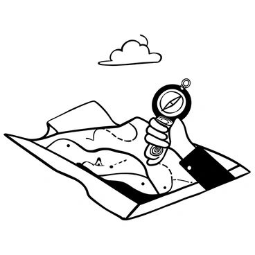 A hand gripping a vintage compass with intricate designs, resting on an unfolded map spread out on a textured surface. The map shows detailed topographical features and routes. Above, a clear sky fills the space, emphasizing a sense of openness and guidance. The hand appears steady, symbolizing reliability and navigation.