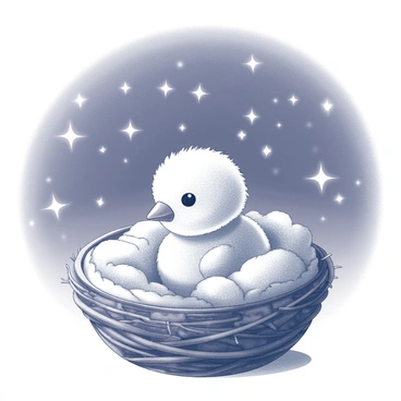 A fluffy chick is nestled within a cozy nest made of twigs and soft materials. The chick is comfortably curled up, with its small head tucked in against its body. Surrounding the nest, the night sky is filled with numerous twinkling stars, creating a serene atmosphere. The background showcases a gentle contrast of the dark sky, highlighting the brightness of the stars above. The nest is situated on a small ledge, adding depth to the scene.