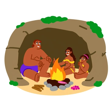 A Neanderthal family sits together around a warm fire in a rocky cave dwelling. The cave walls are textured with rough stones and patches of moss. The family includes a male Neanderthal with a strong build, a female Neanderthal with long hair gathered on top of her head, and two children, one with a playful expression. They are roasting a large piece of meat over the fire, the flames flickering and casting light on their faces. Nearby, a few simple wooden tools and a pile of gathered berries are seen on the cave floor. The atmosphere is lively, filled with the warmth of the fire and the closeness of the family.