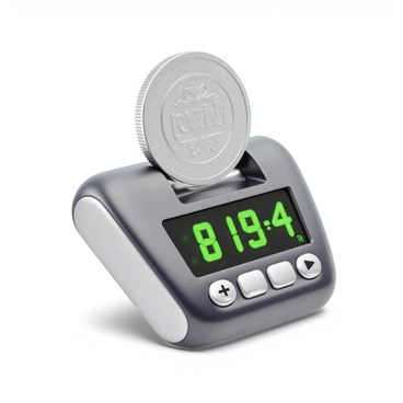 A large silver coin with a shiny surface and intricate designs being inserted into a quality meter. The meter has a sleek, modern appearance, featuring a digital display that shows a high value indicated by bright green numbers. There are metallic accents around the meter, emphasizing its quality. The setting is well-lit, highlighting the details of the coin and the meter's sophisticated design.