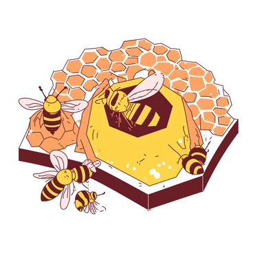 A yellow queen bee is majestically sitting in her specialized cell, which is slightly larger than the surrounding cells occupied by worker bees. The cell has a hexagonal shape, made from wax, and is delicately crafted within a honeycomb structure. The worker bees, which are a soft shade of orange, are busily tending to her, some are fanning their wings while others are bringing food to her. The scene is filled with intricate details of the honeycomb, showcasing the geometric patterns and the glistening texture of the wax. Sunlight shines through, highlighting the golden hues of the honey and the vibrant activity of the worker bees around the queen.