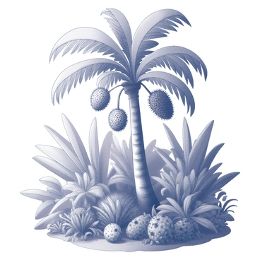 A tall durian tree stands prominently, its trunk sturdy and textured. The branches extend outward, laden with ripe durians, their spiky exteriors clearly visible. Surrounding the tree, the lush tropical forest is filled with dense foliage, featuring large green leaves and various plants. Sunlight filters through the canopy above, casting dappled shadows on the ground below. The scene captures the vibrant life of the tropical environment, highlighting the unique durian fruits among the rich greenery.