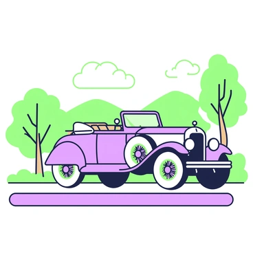 A classic vintage car is parked on a scenic road. The car has a rounded body design with chrome accents and large, elegant headlights. The vehicle’s wheels are elaborately detailed with spokes and a polished finish. The windshield is slightly curved, and the interior can be seen through the open windows, showcasing leather seats. Surrounding the car are trees with leaves gently swaying in the breeze, and in the background, rolling hills are visible under a clear sky.