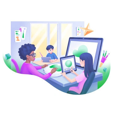 A modern pastel illustration depicting a diverse group of students attending an online illustration class from home. In the foreground, there are three students: a girl with curly hair wearing glasses, a boy with short hair sitting at a desk, and a girl with straight hair using a tablet. Each student is engaged with their devices, with computer screens showing drawing software. In the background, there are art supplies like sketchbooks, pencils, and paintbrushes scattered around their workspaces. Sunlight filters through windows, illuminating the cozy atmosphere of their homes.