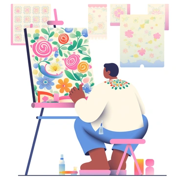 An artist with medium brown skin is seated at an easel, painting a large canvas. The artwork features a blend of "traditional Indian motifs" such as intricate paisley patterns and lotus flowers, seamlessly integrated with "modern design" elements like geometric shapes and bold lines. The artist is wearing a white kurta with colorful embroidery and is holding a palette filled with vibrant colors. Brushes of various sizes are scattered around the easel. The background is adorned with hanging decorative fabrics showcasing similar motifs, creating an inspiring atmosphere for creativity.