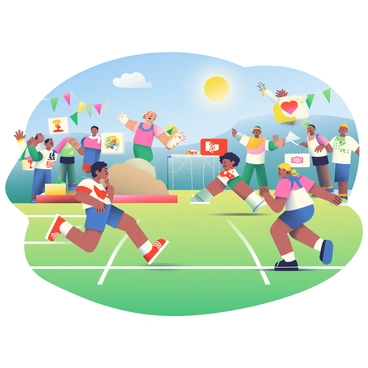 A group of students is gathered on a vibrant grass field during a sports day event. Some students are cheering enthusiastically, raising their hands and waving colorful flags. In the foreground, two students are engaged in a relay race, their faces showing determination and excitement as they pass a baton. Nearby, another group of students is competing in a long jump, with one student mid-air as they leap onto a sand pit. The sun is shining brightly in a clear blue sky, casting vivid colors on the scene. In the background, there are banners displaying different teams, adding to the festive atmosphere of the event.