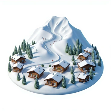 A snowy mountain resort showcasing a variety of ski slopes winding down from a high peak. The slopes are dotted with skiers in colorful winter attire, gliding gracefully through the powdery snow. Nestled around the base of the mountain are several wooden chalets with smoke rising gently from their chimneys, indicating warm fires inside. The chalets are adorned with festive decorations, and some have balconies with snowy rooftops. Pine trees, heavy with snow, surround the resort, adding to the winter ambiance. A clear blue sky overhead brightens the scene, reflecting off the white snow.