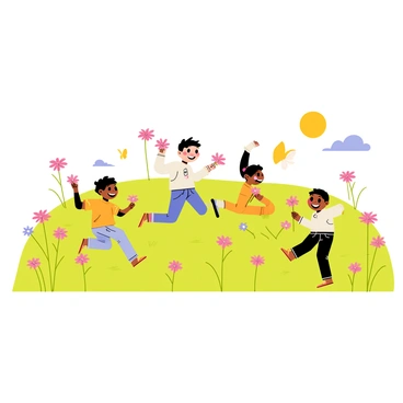 A group of children playing joyfully in a bright green meadow. The meadow is filled with colorful echinacea flowers, showcasing their pink and purple petals. The children are running around, their faces expressing happiness and laughter. One child is picking flowers, while another is chasing a butterfly that is fluttering nearby. The sun shines down on the scene, casting soft shadows and highlighting the beauty of nature surrounding them.