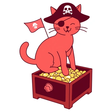 A red cat is dressed as a pirate, featuring a small black eyepatch over its right eye. The cat is wearing a classic pirate hat that is slightly oversized, with a small skull emblem on the front. It stands on a wooden chest filled with treasure, including gold coins and sparkling jewels. The cat has a playful expression, with its tail raised high. In the background, a small pirate flag flutters lightly in the breeze.