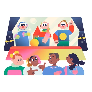 A colorful puppet show scene is taking place, featuring various puppets designed with geometric shapes and bold colors. The puppets include a blue square puppet, a red triangular puppet, and a yellow circle puppet. Each puppet has large, expressive eyes and is situated on a stage with a black curtain that has bright patterns. A diverse group of young children with different hair colors and styles are seated in front of the stage, captivated by the performance. Some children are smiling and pointing, while others have wide eyes, showing excitement. The lighting is bright and colorful, enhancing the vibrant atmosphere of the puppet show.