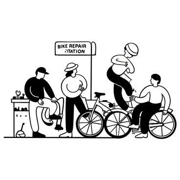 Volunteers gathered around a bicycle repair station, each focused on a different task. One volunteer is adjusting the brakes of a bicycle, while another is fixing a flat tire. A third volunteer is handing a spanner to a cyclist. Tools such as wrenches and tire levers are scattered on a small table nearby. "Bike Repair Station" is displayed on a sign above the area. A few bicycles are propped up on racks, with cyclists waiting for assistance.