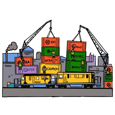 A cargo train loading containers at a busy industrial freight yard