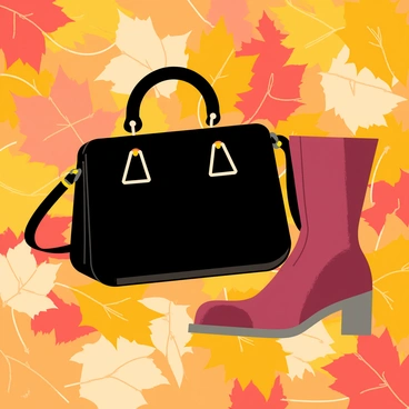 A "Chanel bag" in black leather is resting on a bed of "fallen autumn leaves" in shades of orange, yellow, and brown. Beside the bag, there is a "pair of stylish boots" in deep burgundy leather with a sleek design. The scene captures the textures of the leaves and the polished surface of the bag and boots, creating a harmonious composition that reflects the warmth of autumn.
