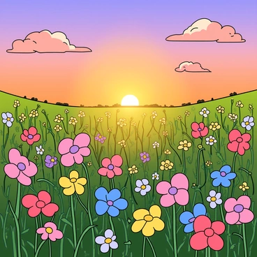A vibrant field filled with various colorful blooms in shades of pink, blue, yellow, and purple. The flowers are swaying gently in a light breeze, creating a lively scene. The setting sun casts a warm golden glow over the entire field, highlighting the petals and creating soft shadows. In the distance, a few fluffy clouds are tinted orange and pink by the sunset. The sky is a gradient of deep blue transitioning to soft lavender as it meets the horizon.