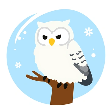 A snowy owl with narrowed eyes and an angry expression is perched on a sturdy tree branch. The owl has fluffy white feathers with subtle black spots, and its sharp talons grip the rough bark of the branch. The background features soft, blurred shades of blue and white, suggesting a snowy environment. The owl's intense stare and slightly ruffled feathers convey its fierce demeanor. A few snowflakes are gently falling around the scene, adding to the chilly atmosphere.