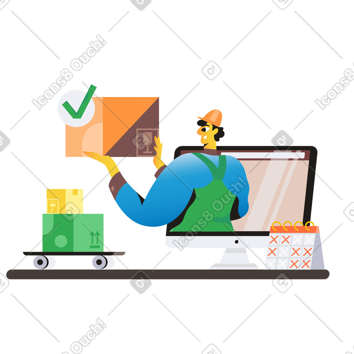 Ilustração de Entregador concluindo pedido na loja online em no estilo Jaconda para baixar em PNG, SVG