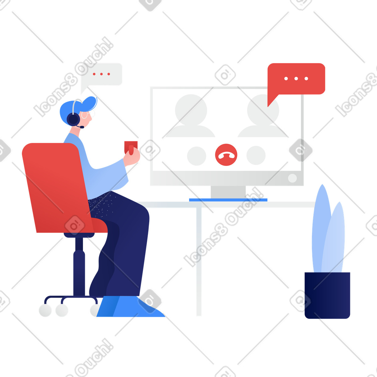 Remote worker on video call, Virtual meeting and teamwork-Illustration im Clip-Stil als Download in PNG, SVG
