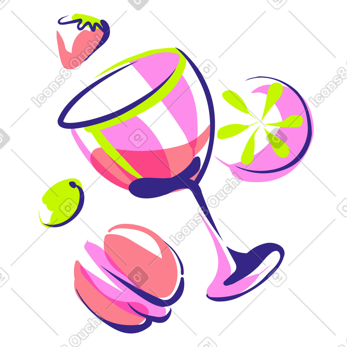 Sommercocktail-zutaten und glas-Illustration im Glam-Stil als Download in PNG, SVG
